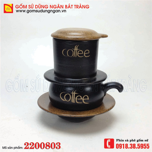 Phin cafe gốm sứ men đen lòng gốm khắc chữ Coffee